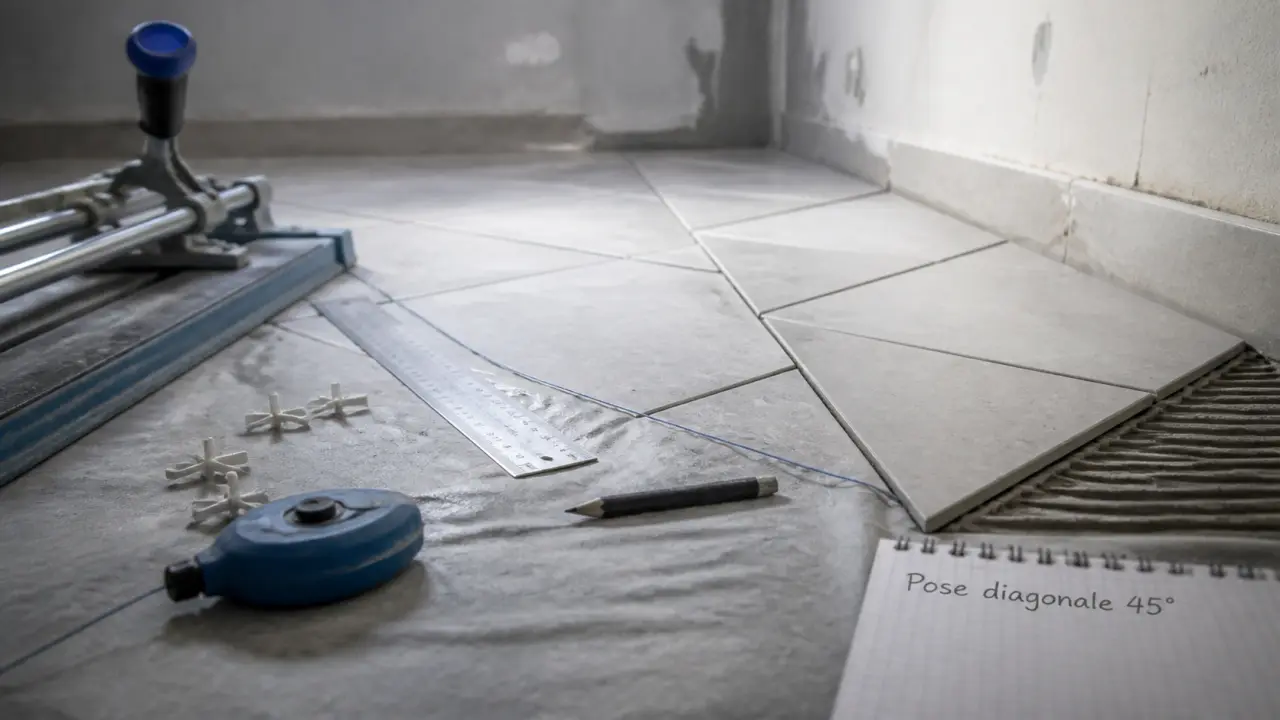 Poser du carrelage en diagonale 45° : départ au centre, coupes à 45°
