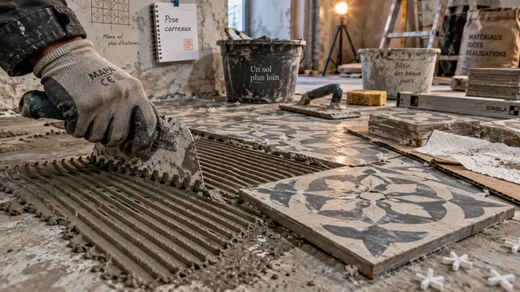 Pose de carreaux de ciment : support plan, joints de 1 à 2 mm et 7 jours avant protection