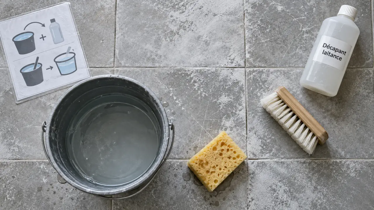 Enlever la laitance du carrelage avec éponge et décapant
