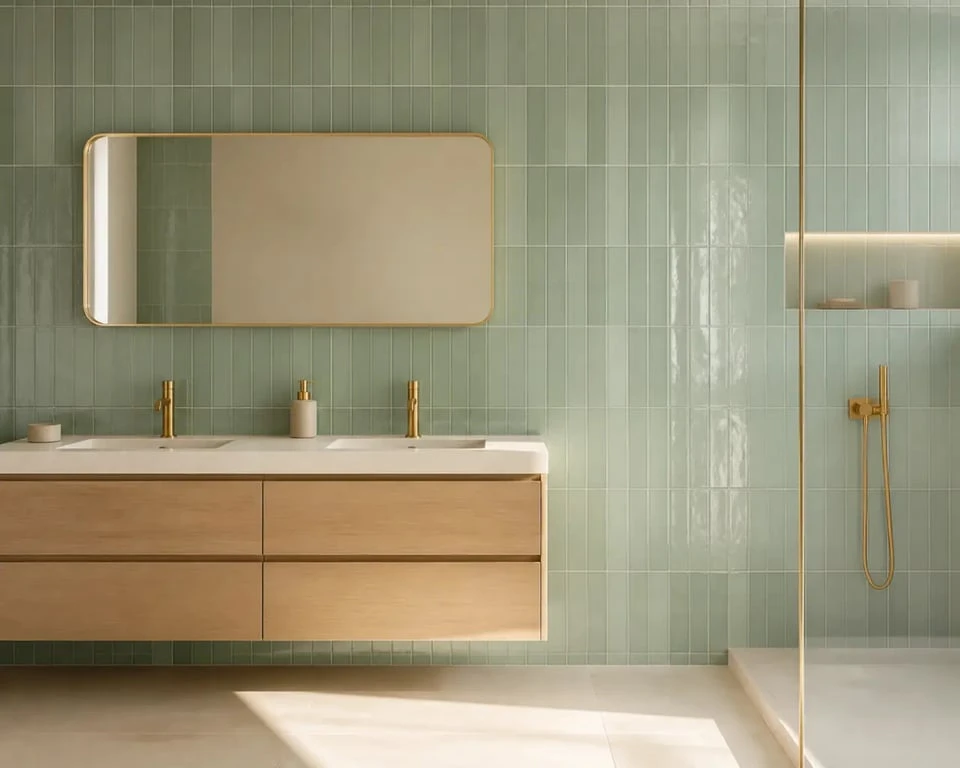 Carrelage mural vert dans une salle de bain lumineuse avec bois clair et blanc cassé