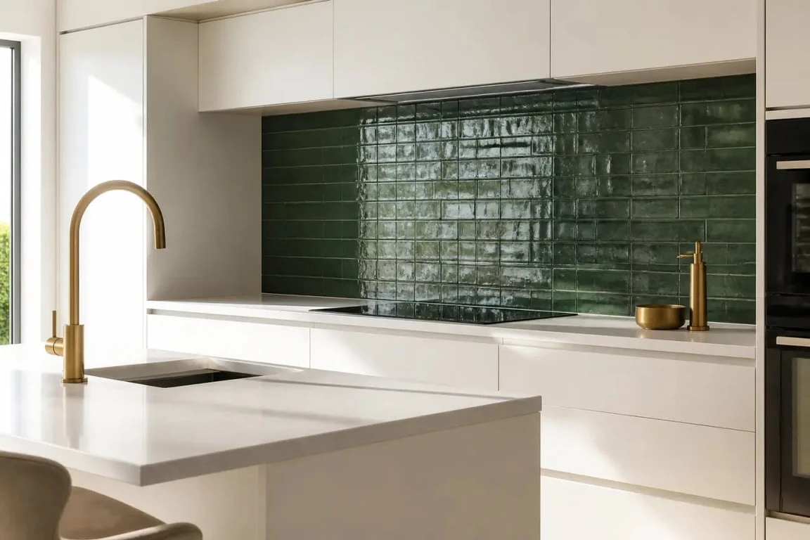 Carrelage mural vert en crédence de cuisine avec meubles blancs et touches de laiton