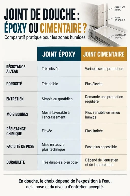 Infographie comparative du joint époxy douche et du joint cimentaire