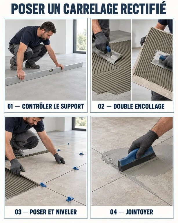 Pose du carrelage rectifié Stonetech Evolutive avec contrôle du support, double encollage, croisillons et jointoiement