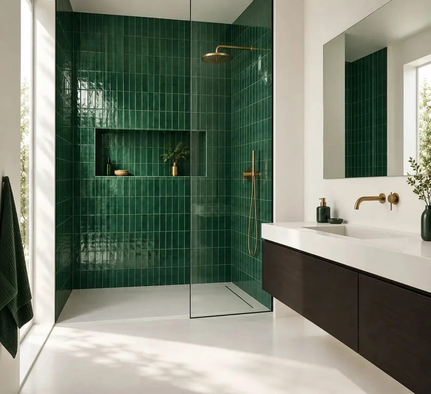 Faïence verte salle de bain émeraude sur un mur de douche avec surfaces claires