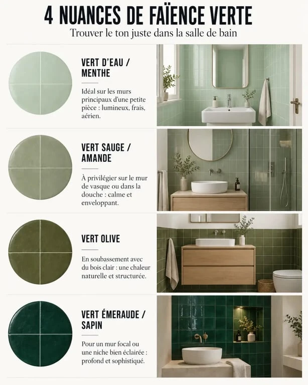 Nuances de faïence verte salle de bain du vert d’eau au vert émeraude