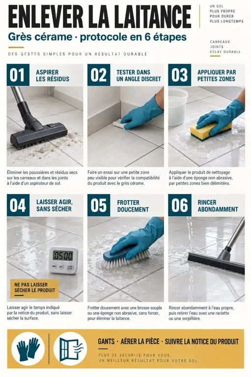 Étapes pour enlever la laitance du carrelage avec application, frottage et rinçage