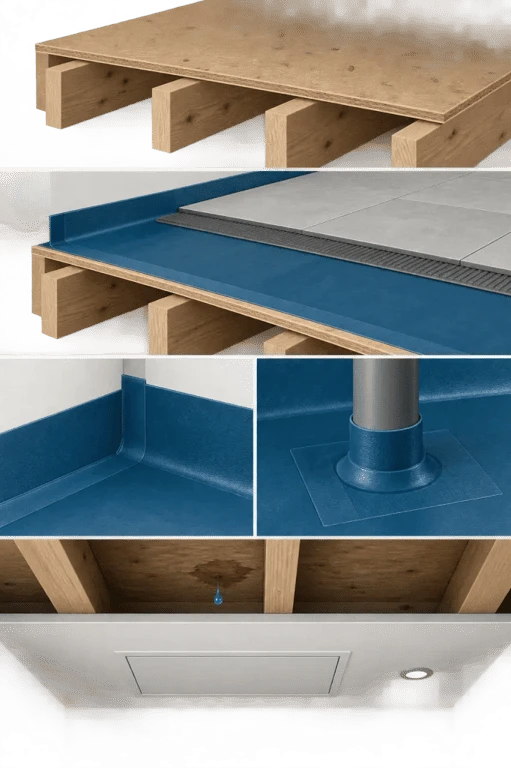 Schéma des étapes d’étanchéité d’un plancher bois salle de bain avec membrane et traitement des raccords