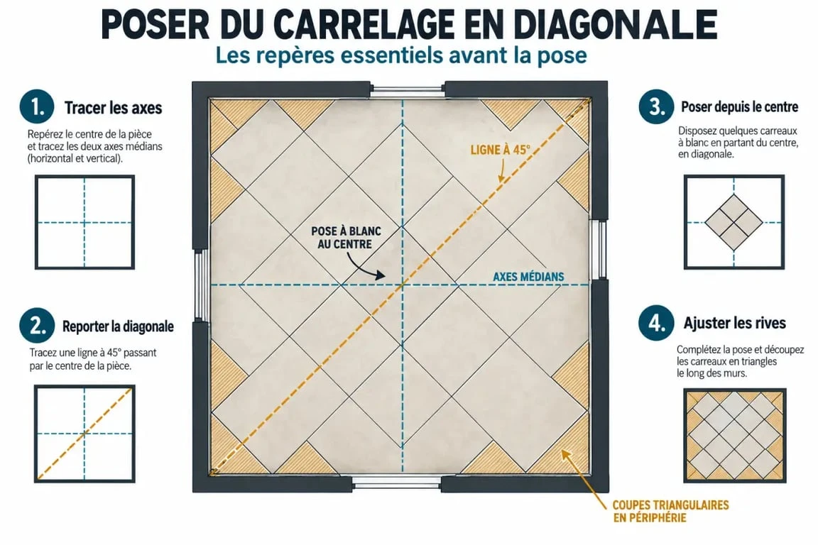 Schéma des étapes pour poser le carrelage en diagonale avec tracé à 45 degrés et coupes triangulaires