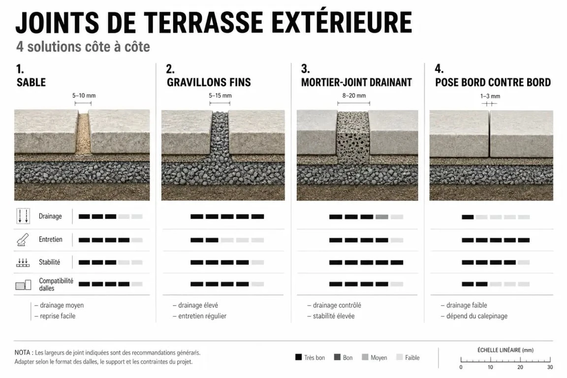 Comparatif des solutions de joint terrasse extérieure selon drainage et entretien