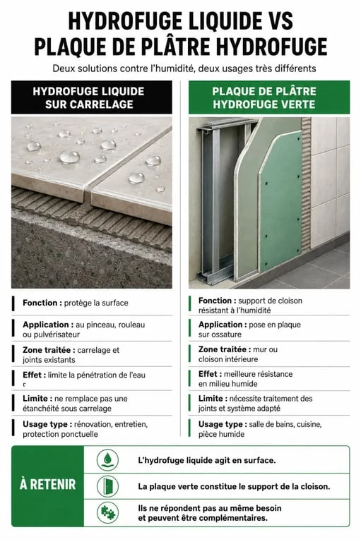 Comparaison entre hydrofuge liquide et plaque de plâtre hydrofuge pour salle de bain