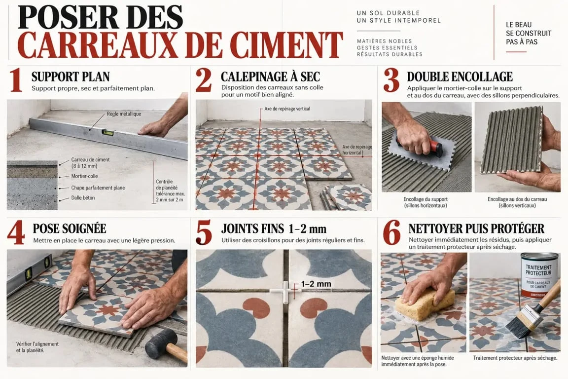 Étapes de pose de carreaux de ciment avec calepinage, double encollage, jointoiement et traitement protecteur