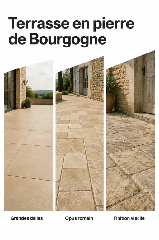 Terrasse pierre de Bourgogne avec différents formats et finitions en extérieur