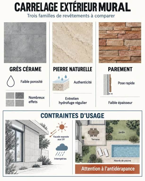 Infographie comparative sur le carrelage extérieur mural en grès cérame, pierre naturelle et parement