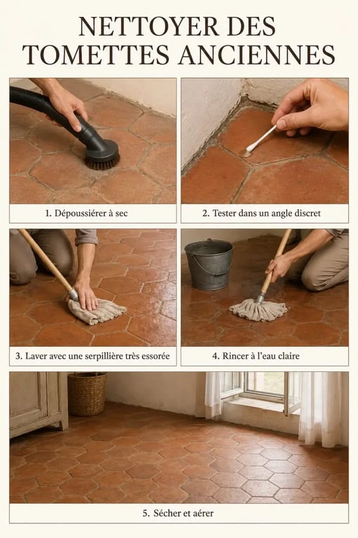 Étapes pour nettoyer des tomettes anciennes en terre cuite avec dépoussiérage, lavage et séchage