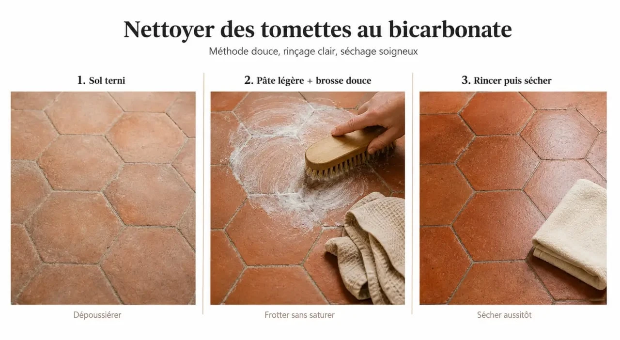 Nettoyage tomettes bicarbonate de soude en trois étapes sur sol en terre cuite