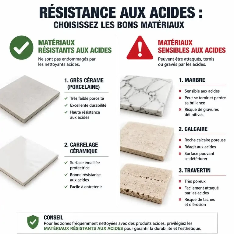 Infographie sur la compatibilité des matériaux pour le nettoyage de la laitance de carrelage