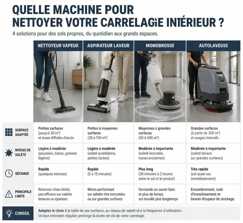 Infographie comparative des machines de nettoyage pour carrelage intérieur