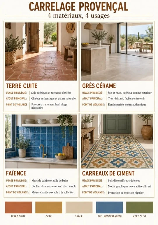 Infographie comparative des matériaux du carrelage provençal : terre cuite, grès cérame, faïence et carreaux de ciment