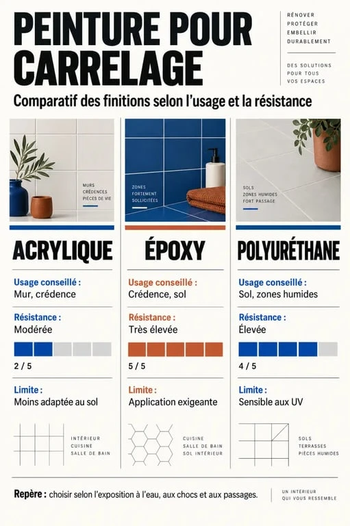 Peinture carrelage avis : comparaison des peintures acrylique, époxy et polyuréthane