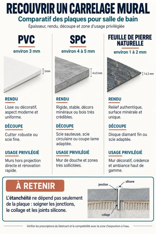 Plaque pour recouvrir carrelage mural salle de bain : comparaison PVC, SPC et feuille de pierre