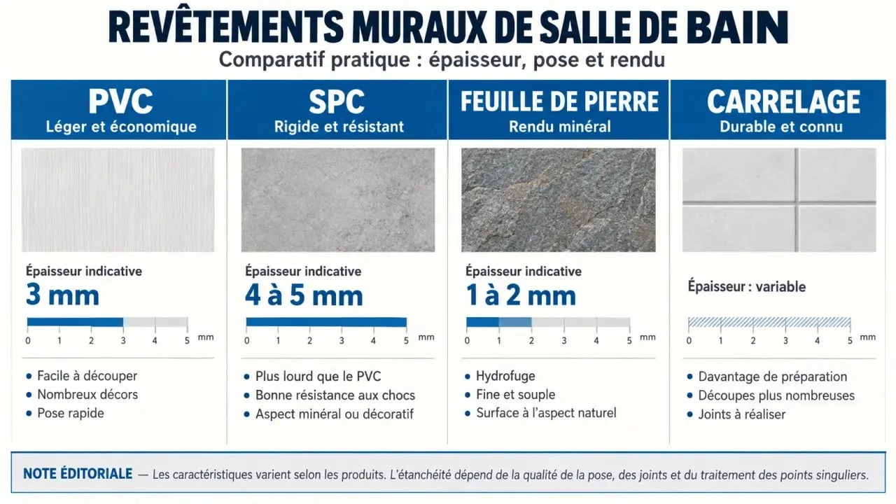 Infographie comparative des panneaux muraux PVC salle de bain, SPC, pierre et carrelage