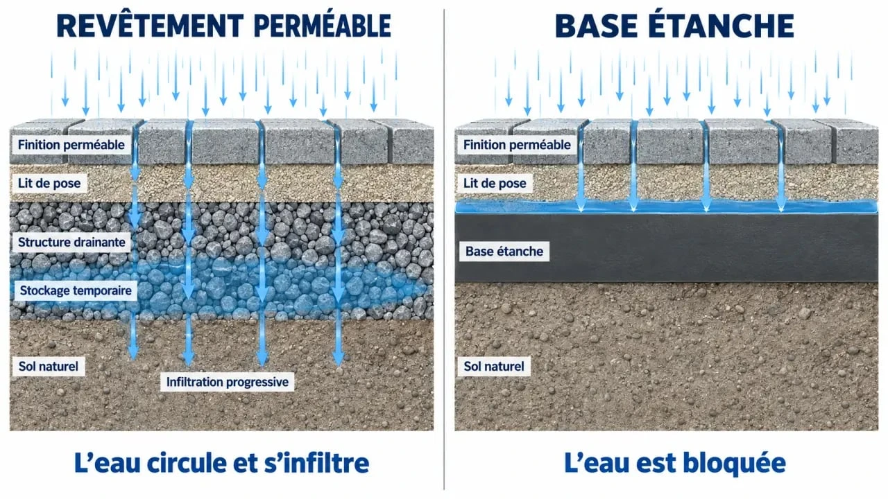 Schéma de l’infiltration de l’eau sous un revêtement perméable pour sol extérieur