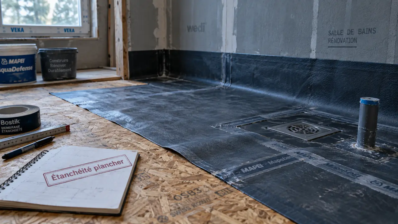 Étanchéité plancher bois salle de bain : membrane mate avec relevés et raccords
