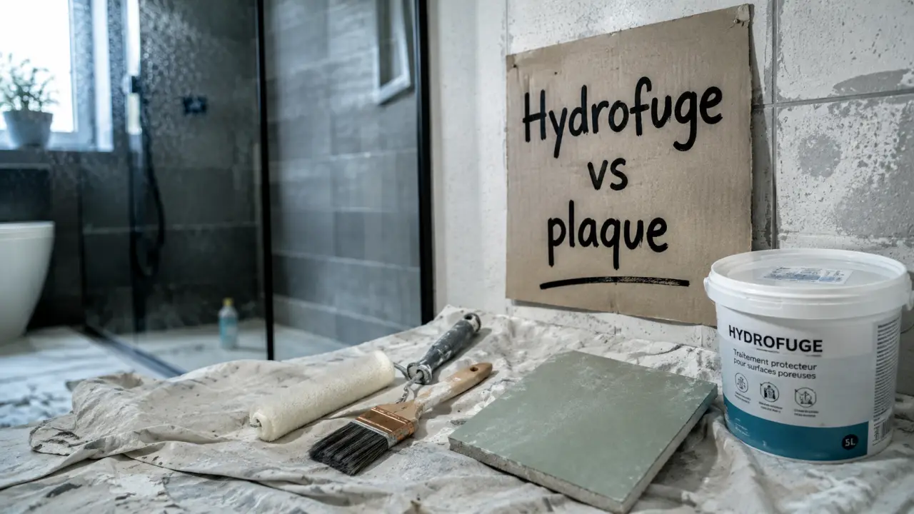 Hydrofuge salle de bain : liquide ou plaque verte, rouleau et pinceau sur bâche