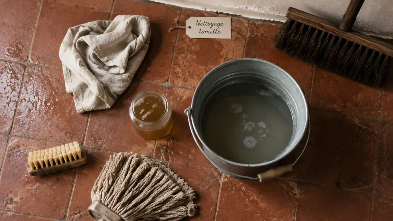 Nettoyer des tomettes anciennes : patine préservée, microfibre et eau tiède sur tomettes en terre cuite