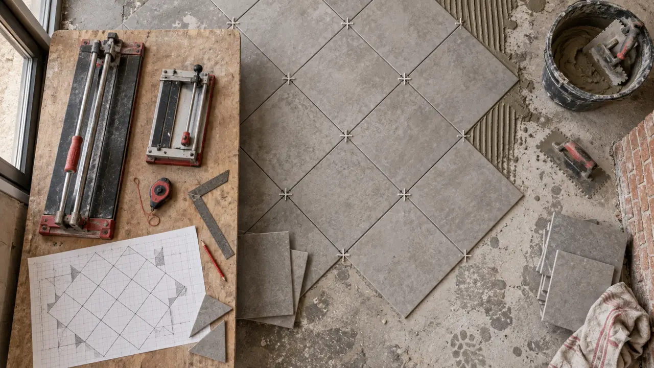 Poser le carrelage en diagonale : calepinage et carreaux prêts à poser