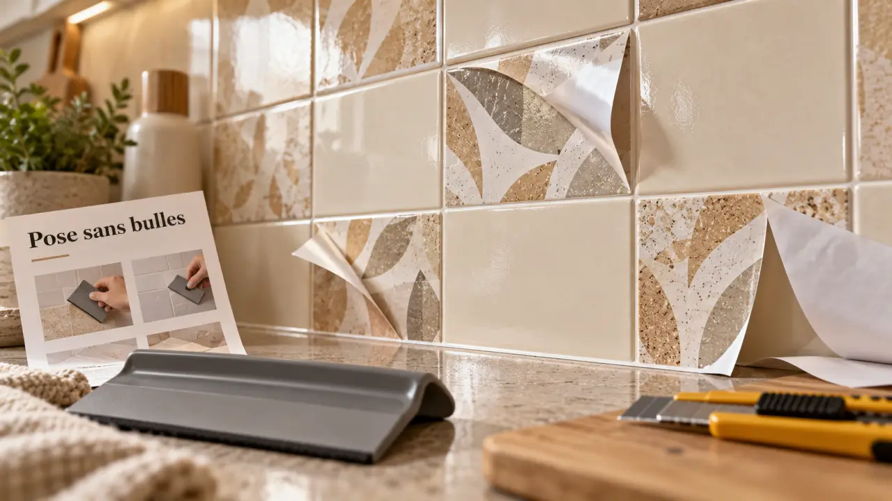 Autocollant carrelage mural sur crédence beige, pose sans bulles