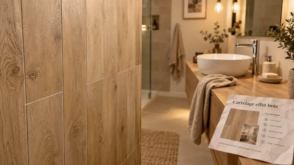 Le carrelage mural effet bois réchauffe les pièces humides sans les contraintes du bois