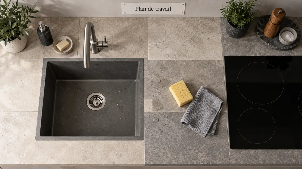 Carrelage plan de travail cuisine avec joints fins gris