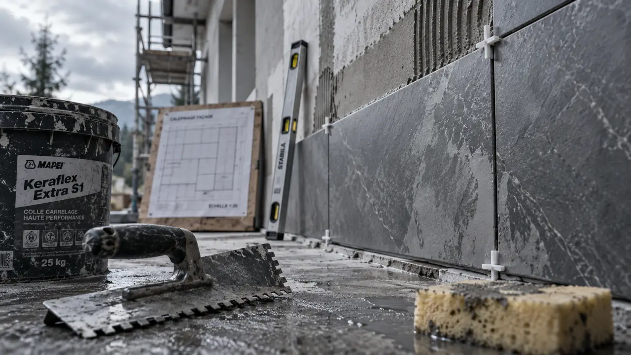 Carreler mur exterieur en grès cérame, pose de carreaux et colle