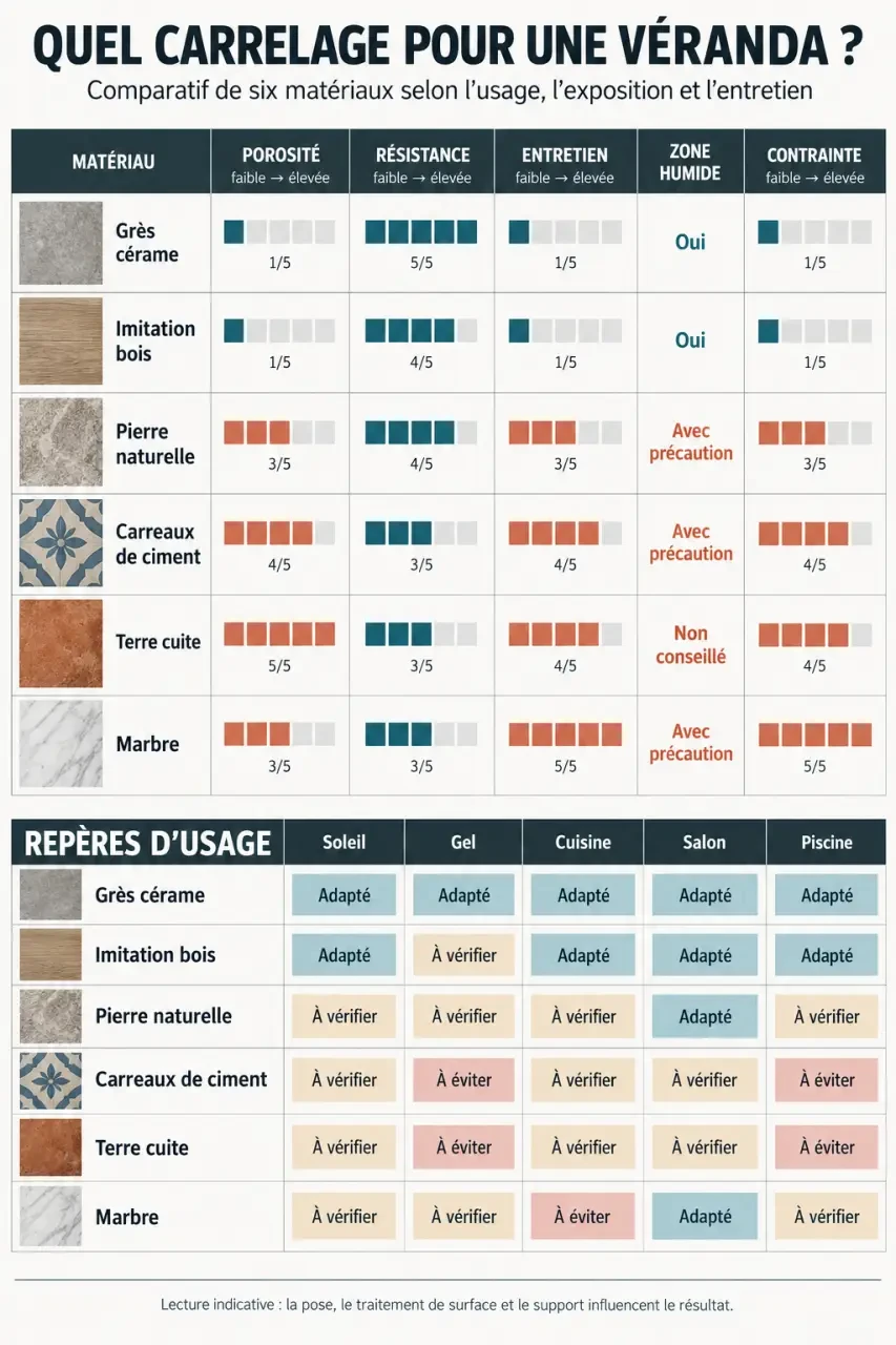 Infographie comparative du carrelage de véranda selon les matériaux et les usages
