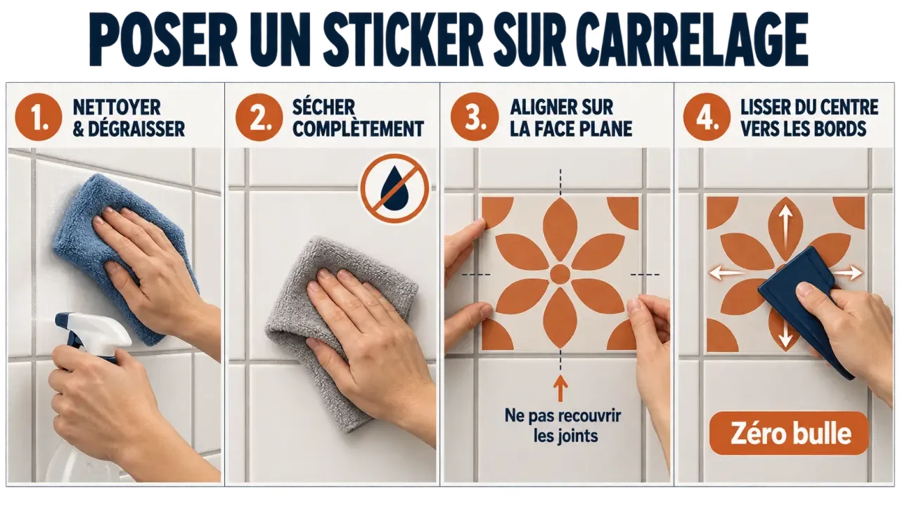 Pose d'un autocollant carrelage mural en quatre étapes sur une crédence