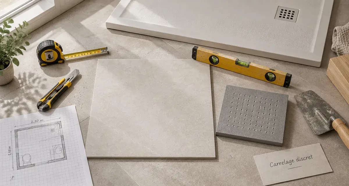 Idée carrelage pour petite salle de bain : carrelage clair grand format et joints crème